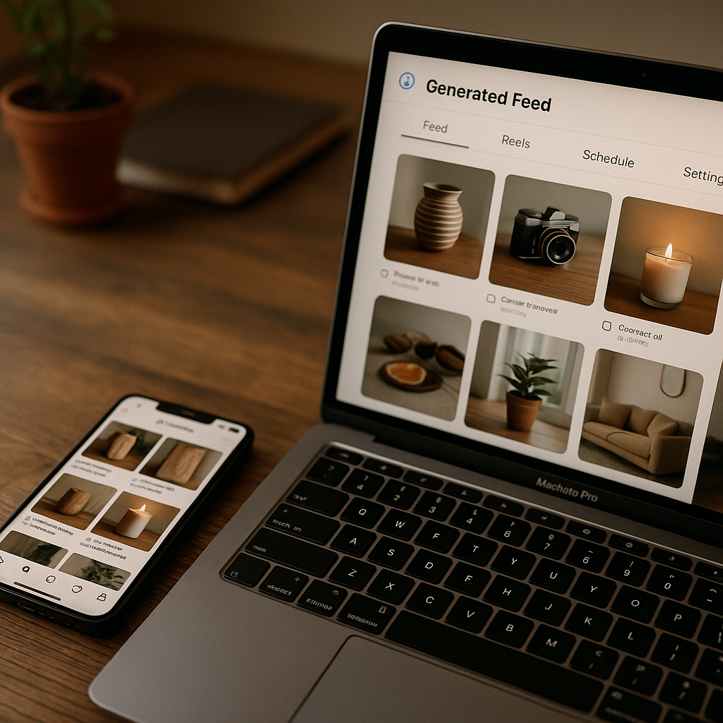 Aperçu d'une interface et de contenus Instagram illustrant un workflow d'automatisation