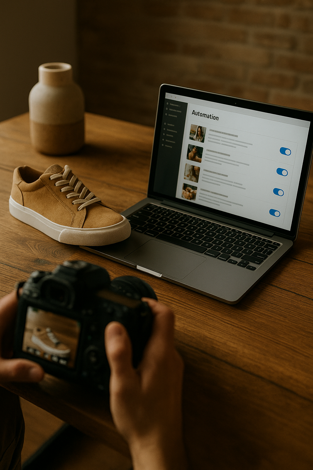 Une personne photographiant un produit sur une table pendant qu’un ordinateur portable affiche une interface d’automatisation
