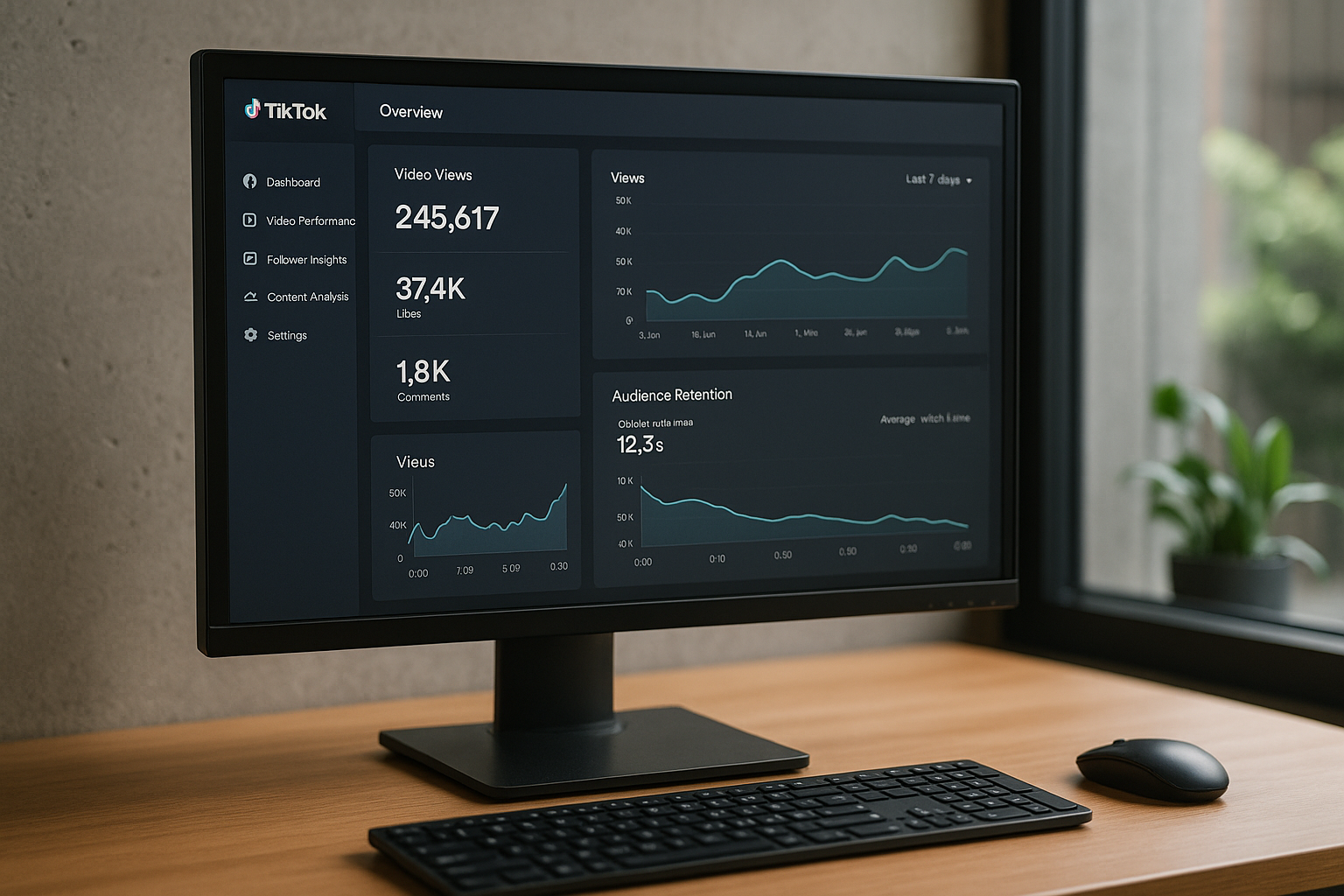 Computer screen displaying a dashboard with video view and retention metrics