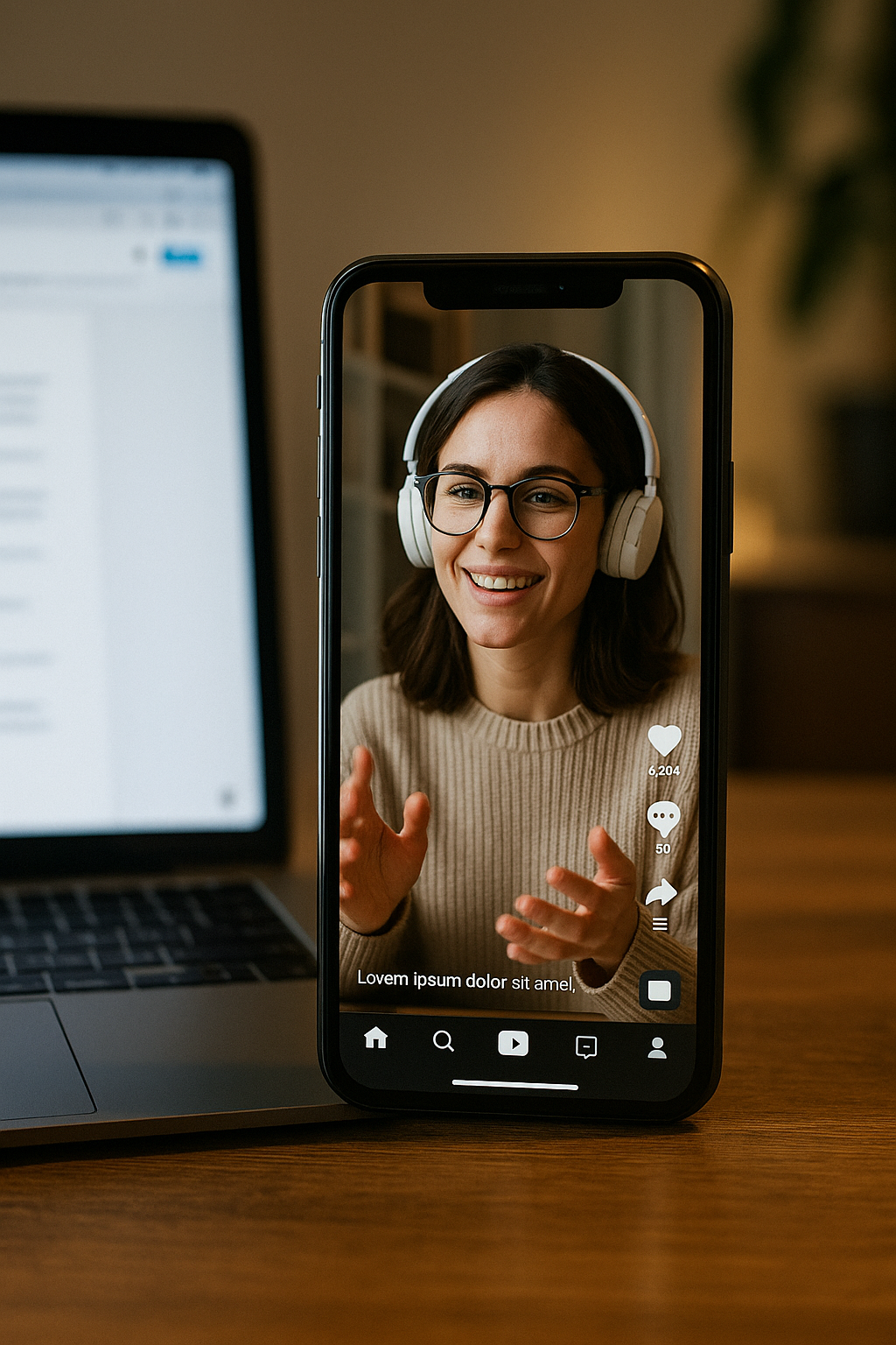 A vertical smartphone showing a TikTok-style video next to an open laptop on a wooden desk
