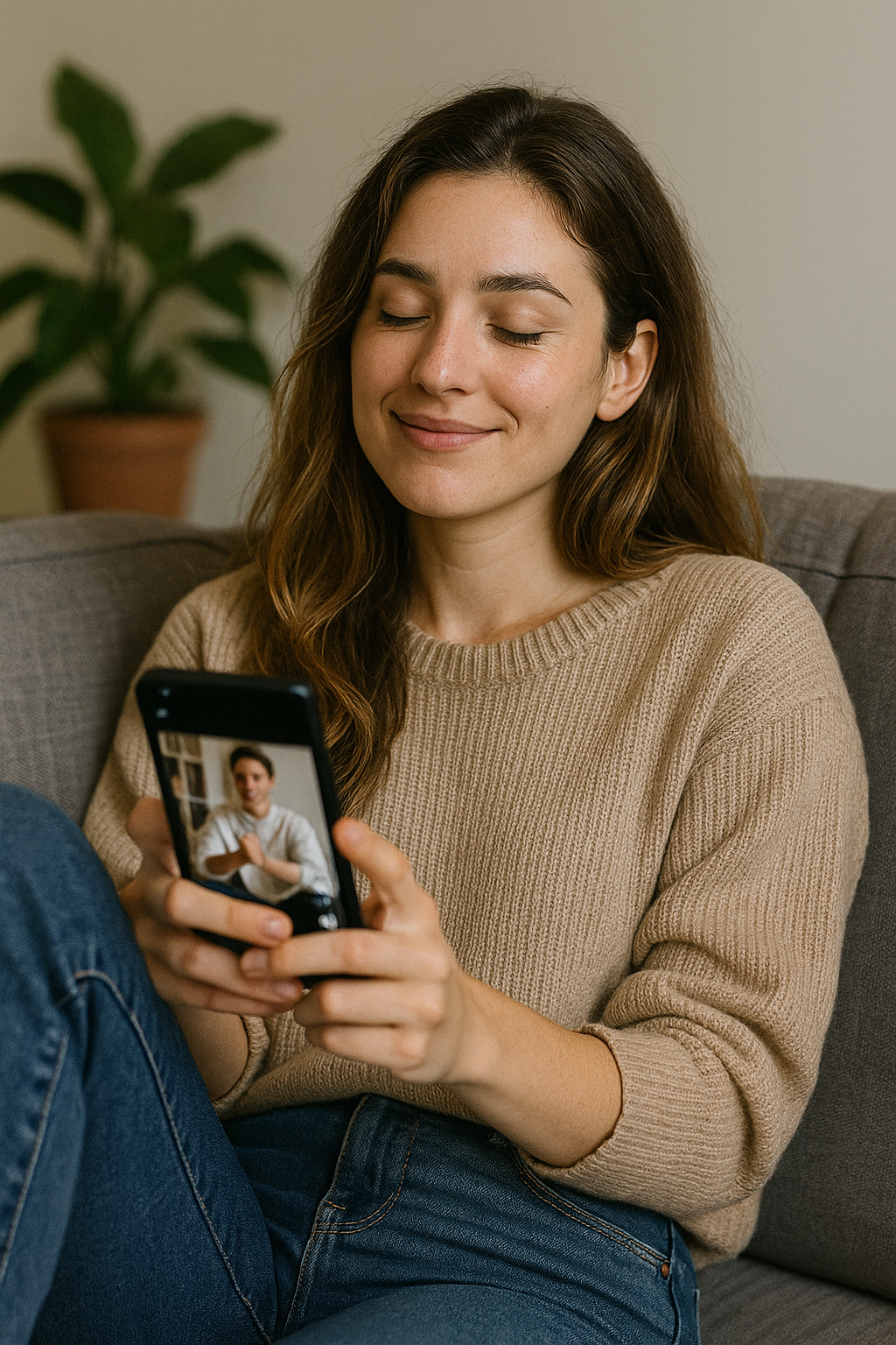 Close-up of a smartphone showing a vertical video feed with a TikTok-like interface