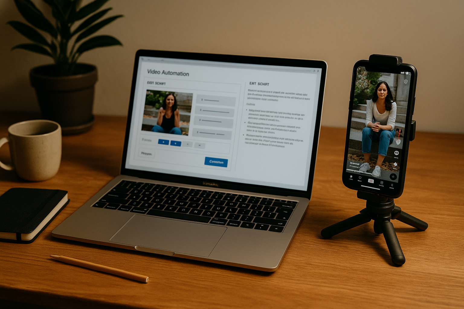 A desk with a laptop showing a video automation interface and a smartphone mounted on a tripod