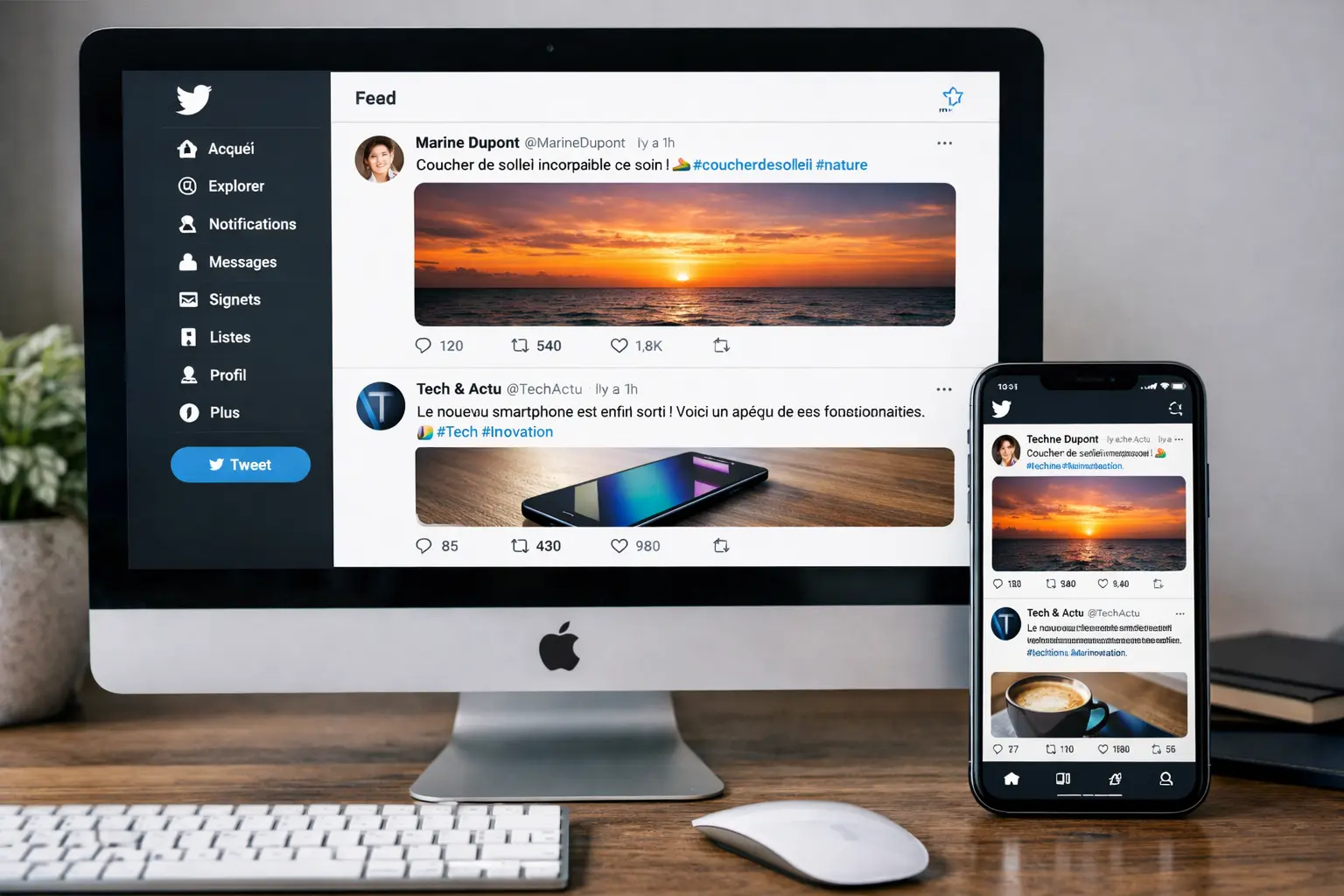 Un ordinateur et un smartphone affichant un flux de publication adapté à X