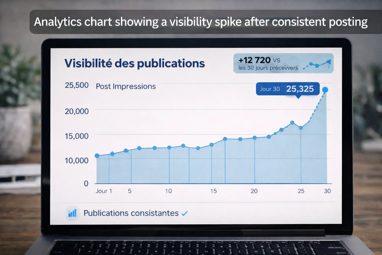 Graphique de visibilité montrant un pic après des publications régulières