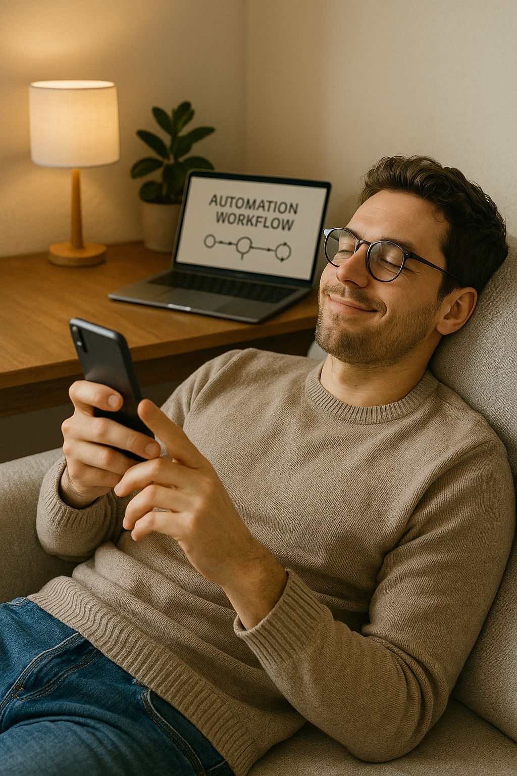 A relaxed person sitting at a desk holding a phone while a laptop shows a content dashboard