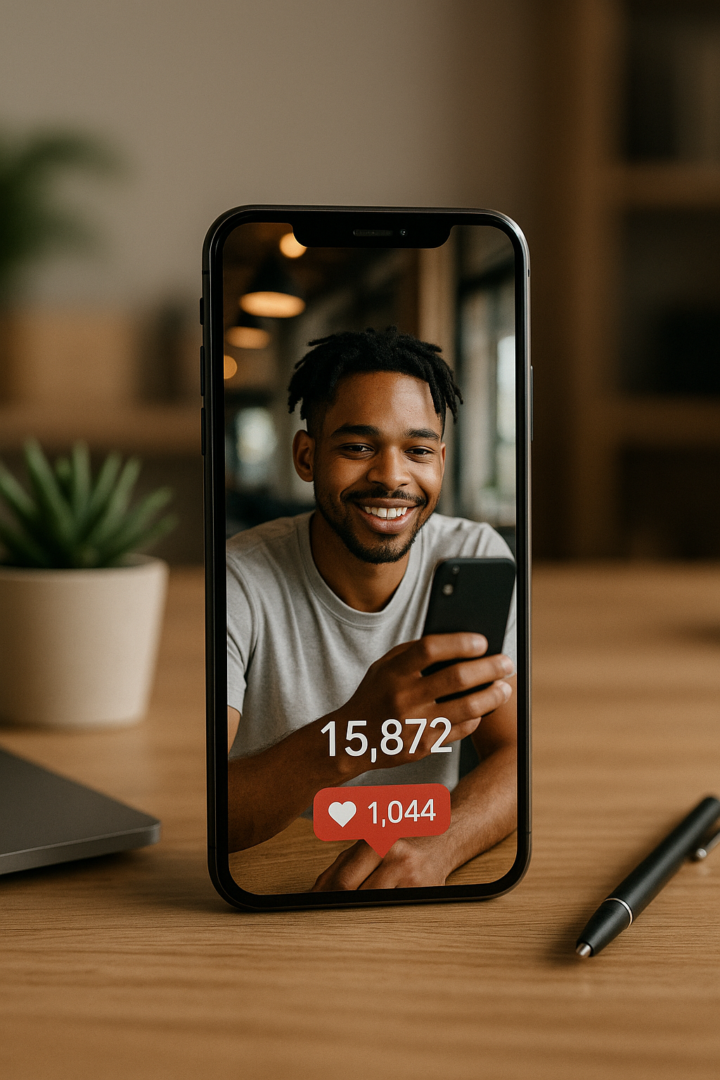 A smartphone on a wooden desk showing a vertical video with a visible view counter