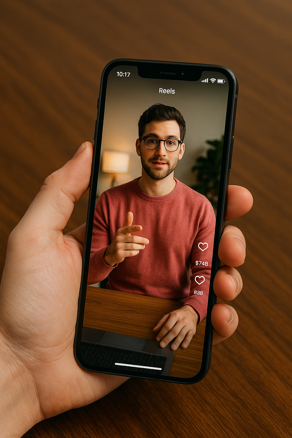 Close-up of a smartphone showing a vertical video with visible view and like counters