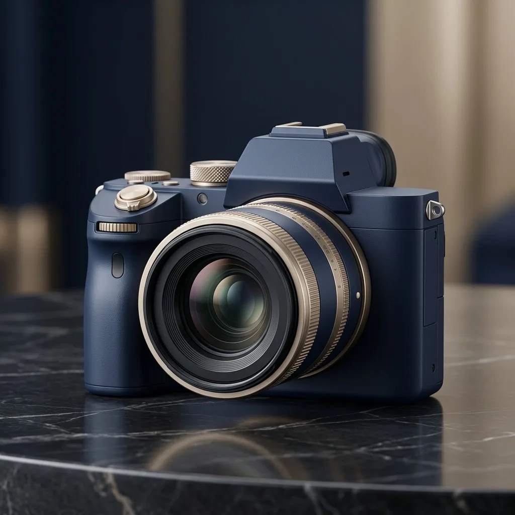 Premium camera staged in a refined navy and gold editorial setup
