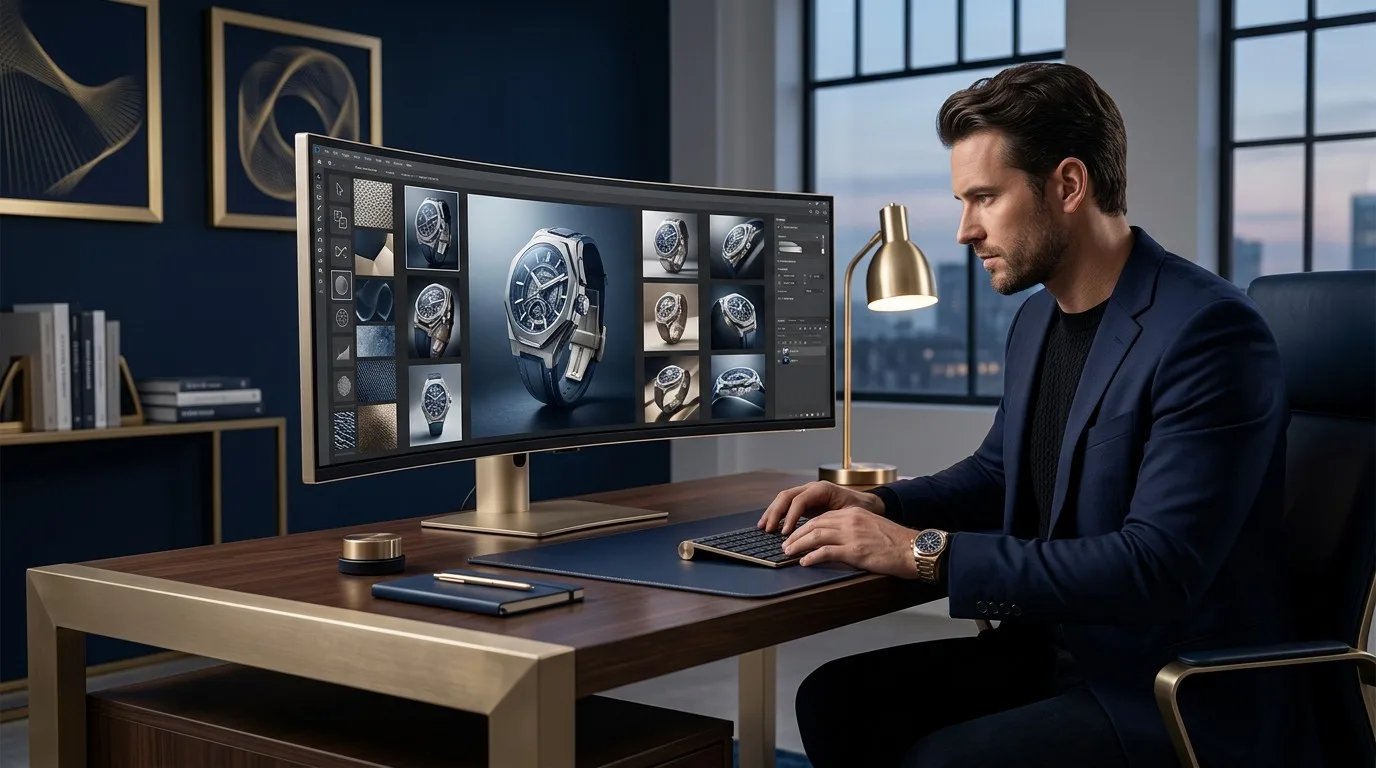 Creative professional refining a premium visual in an AI image generation studio