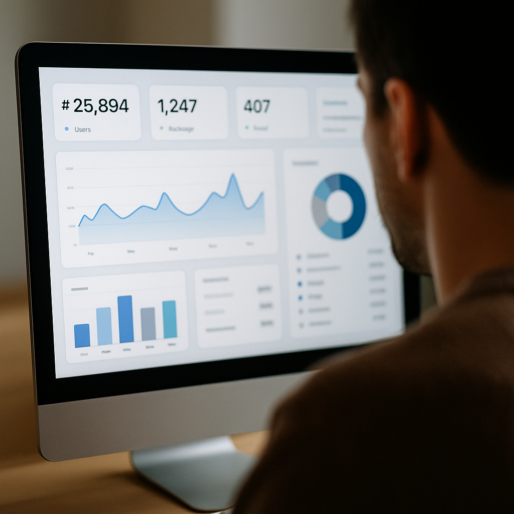 Une personne observant un tableau de bord d’analytics sur un ordinateur portable avec des courbes en hausse