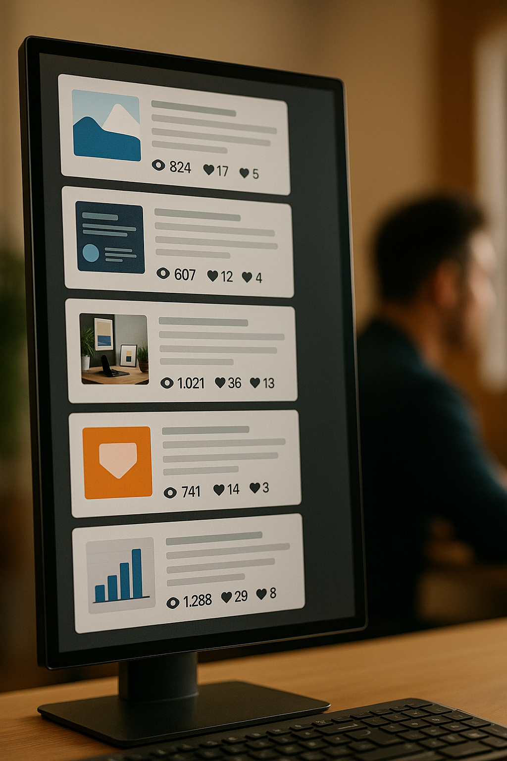 Vue réaliste d’un écran montrant des cartes de posts avec des icônes de vues et d’interactions