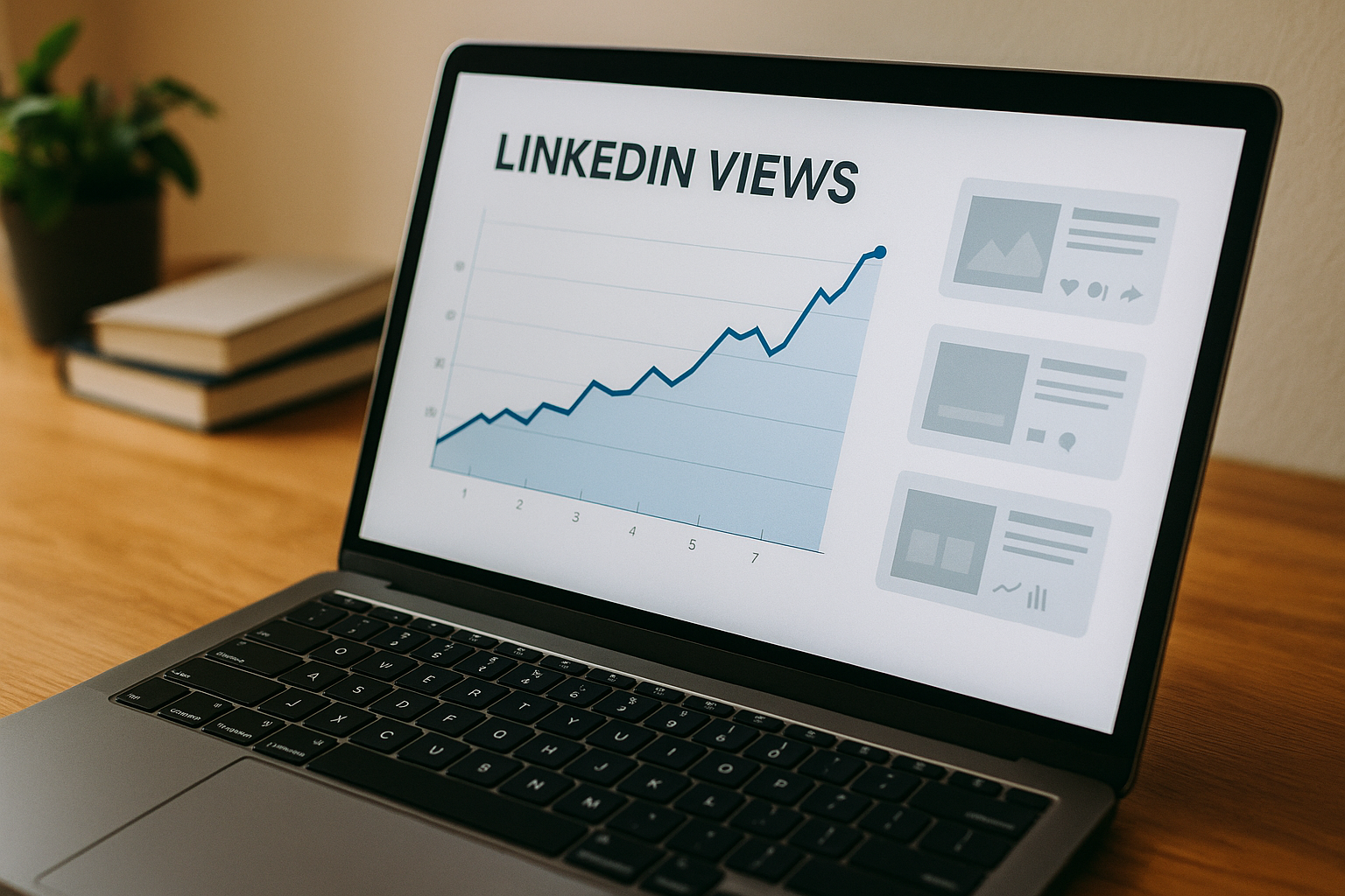 Un ordinateur portable affichant un graphique de croissance des vues et des cartes de posts LinkedIn stylisées