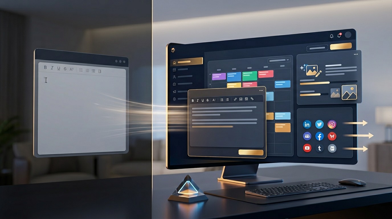 Illustration éditoriale d'un comparatif entre assistance à la rédaction et workflow complet de publication