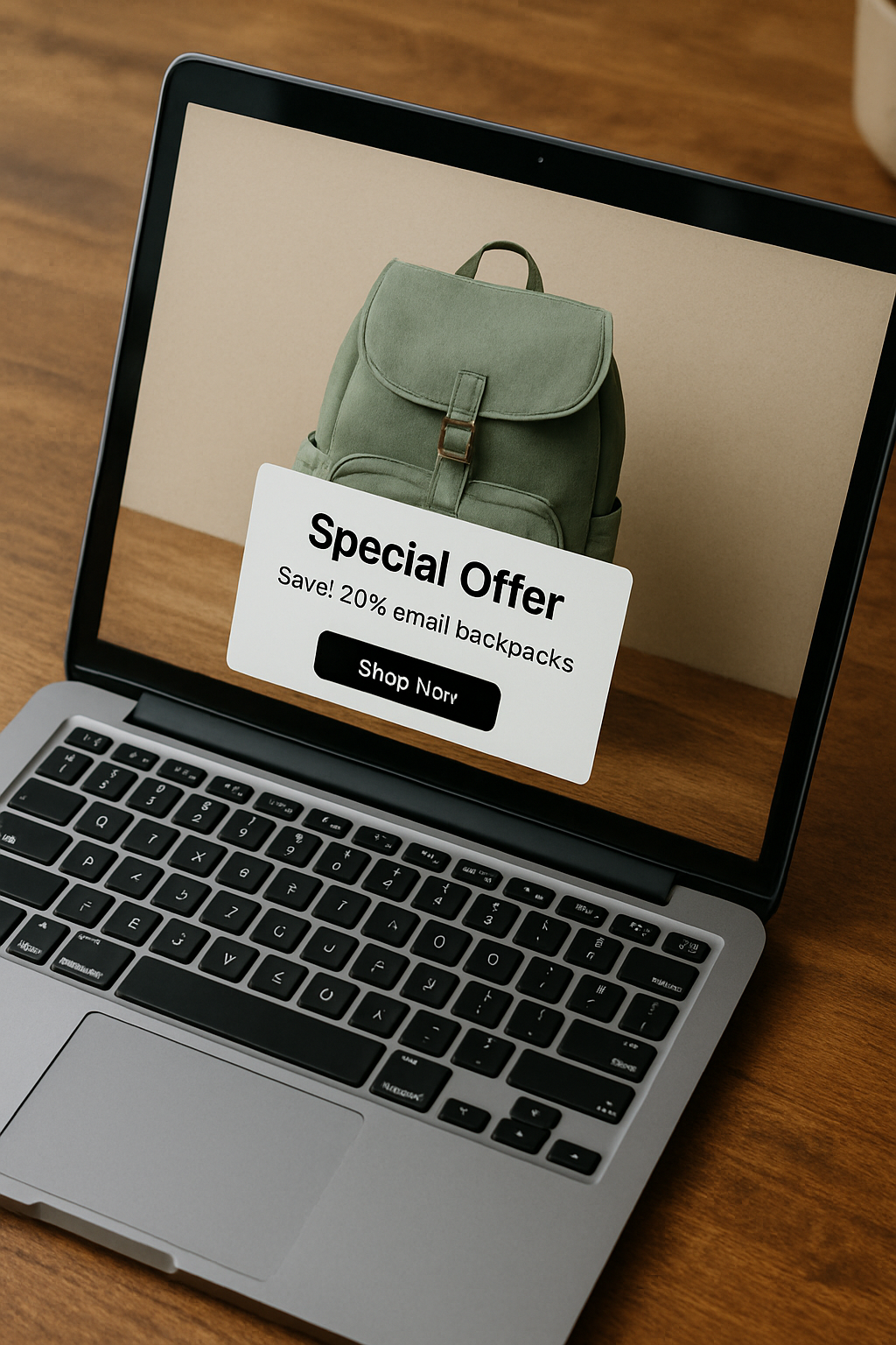 Laptop screen showing a visual highlighting a special offer with a product in the center