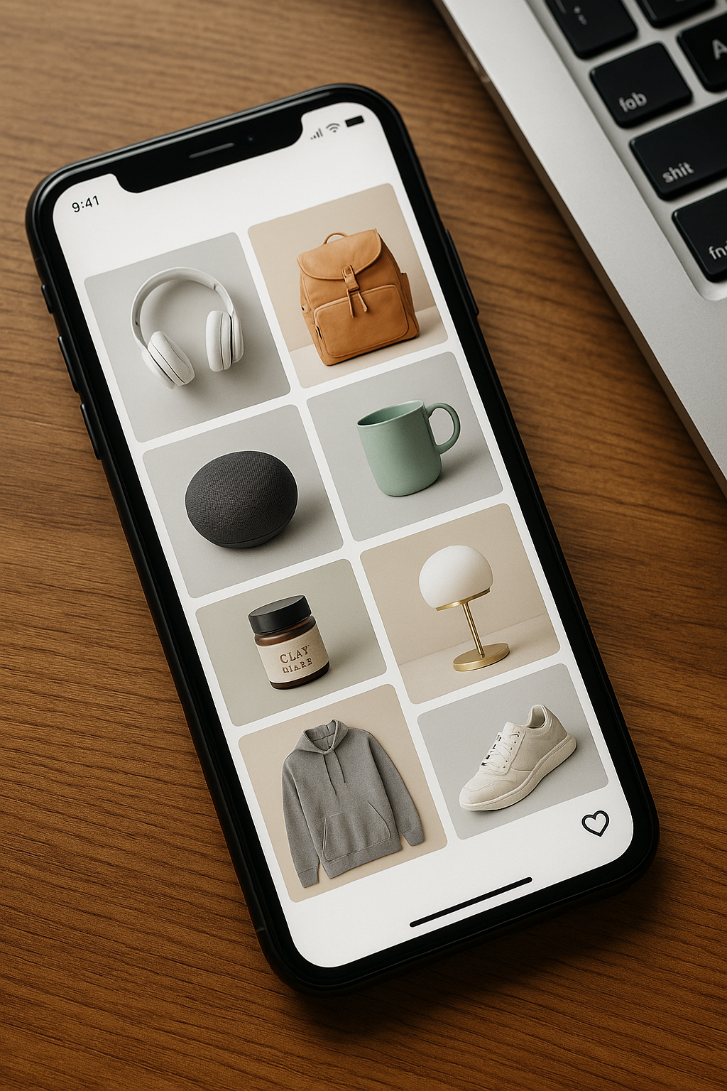 Close-up of a smartphone showing a clean product photo grid