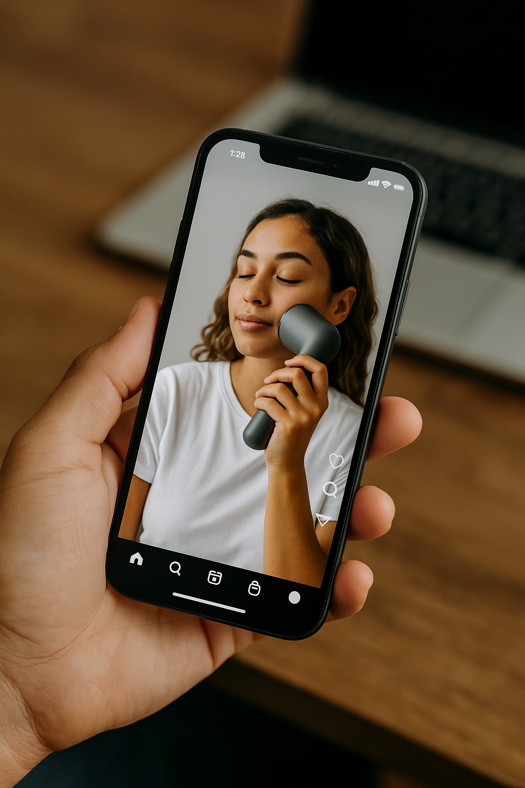 Phone screen showing a vertical video of a person using a product