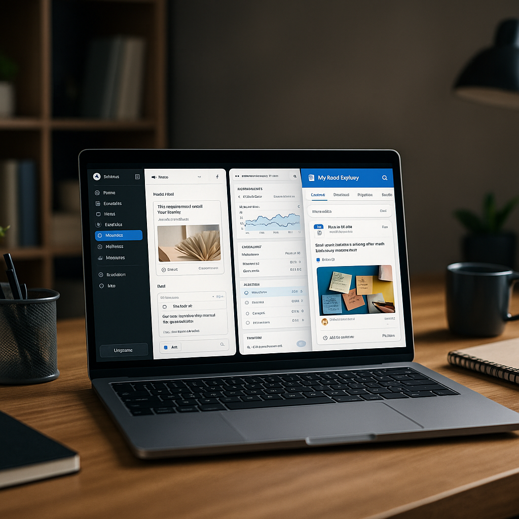 Laptop screen displaying multiple social media tool windows with one interface highlighted in focus