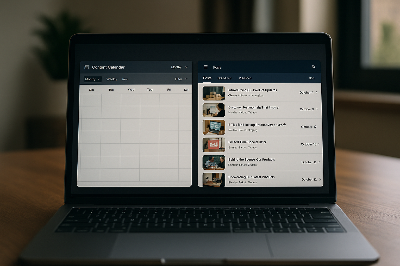 Opposition entre un calendrier vide et une interface avec des contenus générés